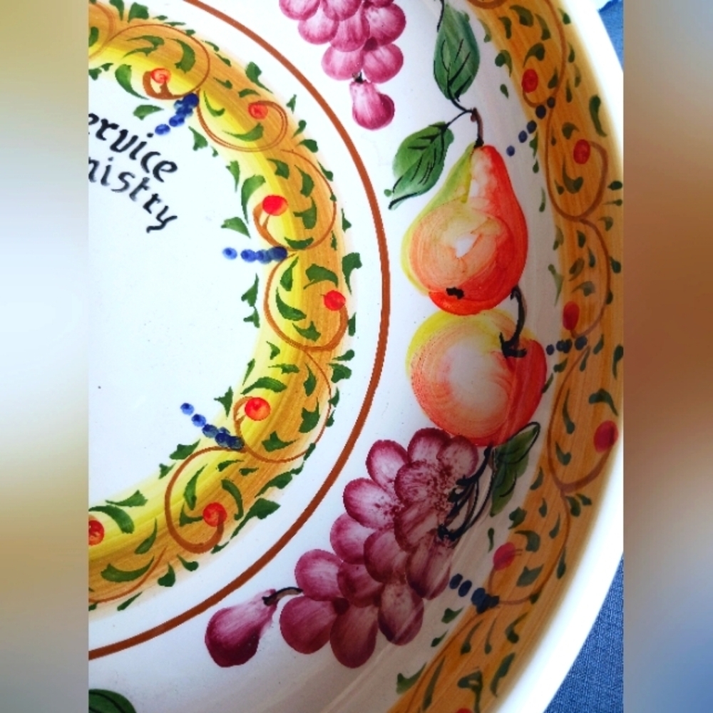 Italian Pottery Colorful Fruit and Floral Ceramic Footed Bowl Made Italy Vintage